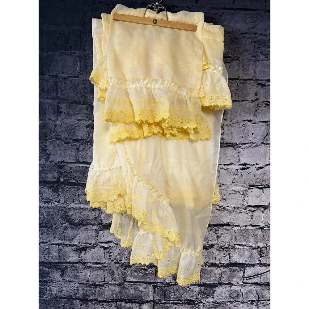 Yellow Ruffled Sheer Window Curtains‎ Set Valances Swags Embroidered Country